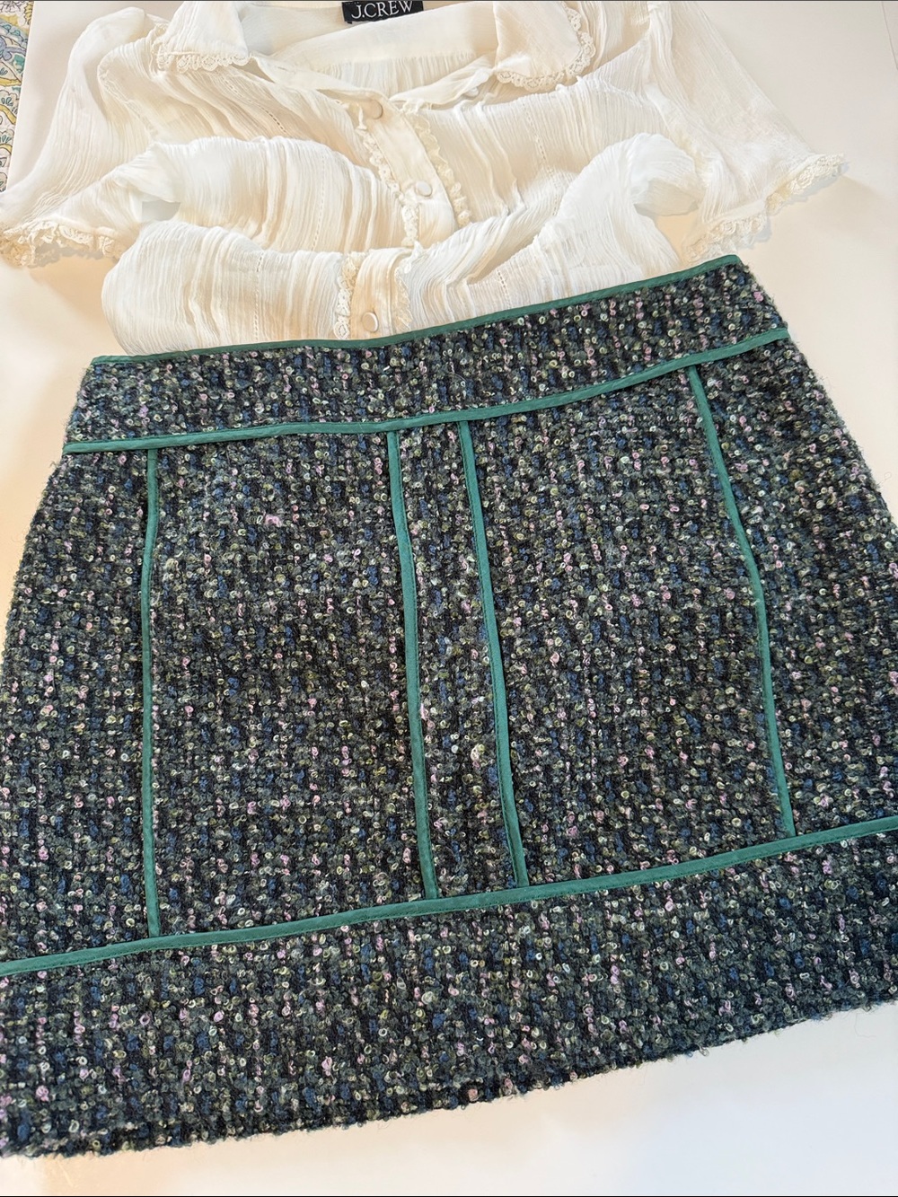 J. Crew Dark Green Tweed Mini Skirt with Teal Piping